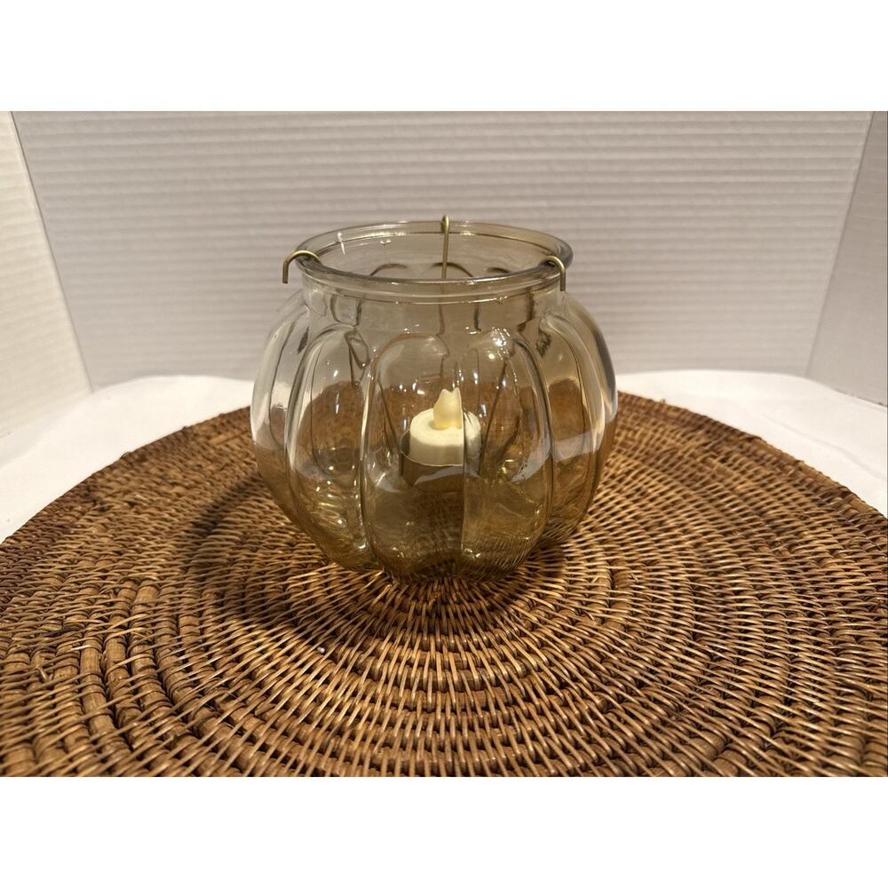 Amber Colored Glass Pumpkin 5” Tea Light Holder - Fall Autumn Harvest Decor